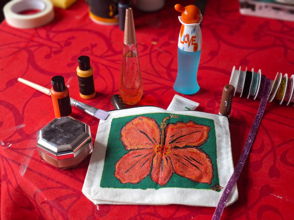 "HIBISCUS" Hand Painted Canvas Pouch